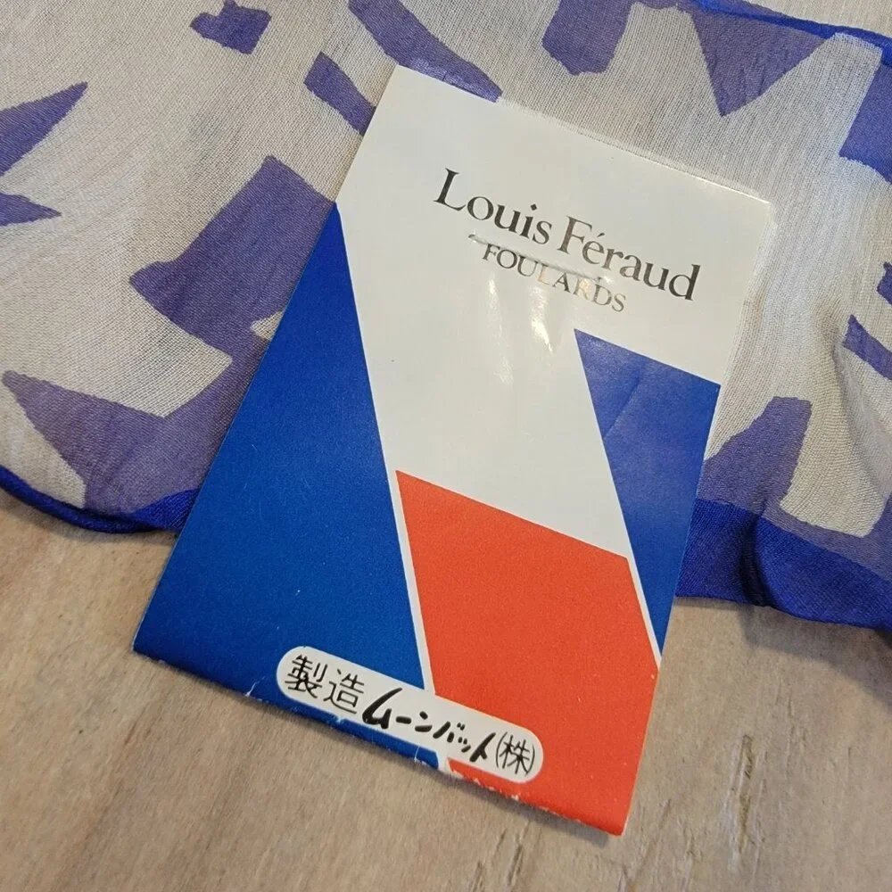Vintage Louis Feraud Silk Scarf Blue White Geometric Print 22